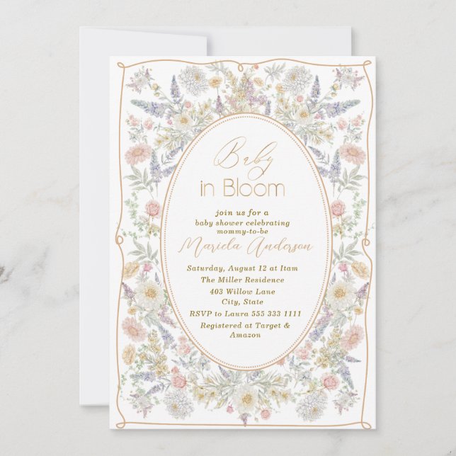 Invitation Elégante aquarelle bébé dans le sang Fleurs roses  (Devant)
