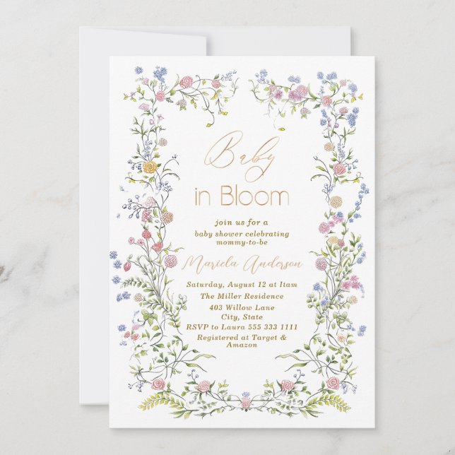 Invitation Elégante aquarelle bébé dans le sang Fleurs roses  (Devant)