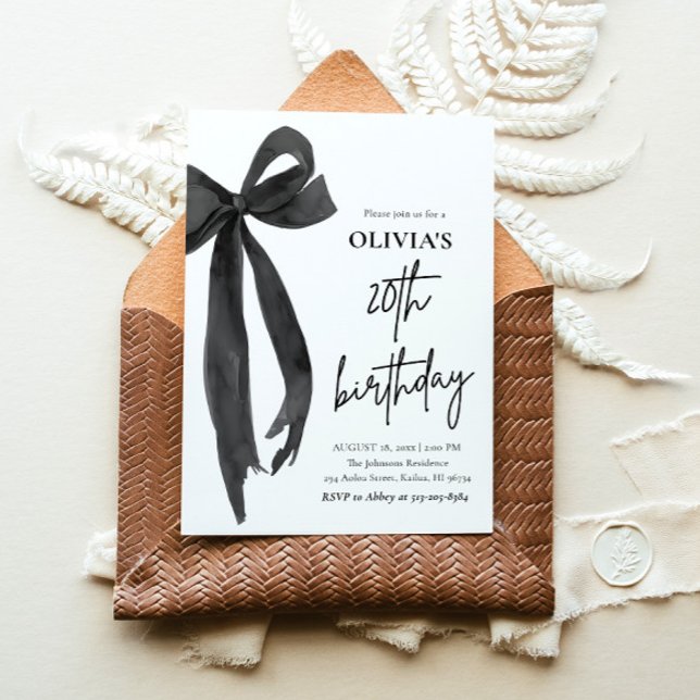 Invitation Elégante aquarelle Black Bow 20e fête d'anniversai (Watercolor Modern Elegant Coquette Black Bow Photo 20th Birthday Party Invitation)
