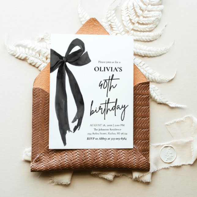 Invitation Elégante aquarelle Black Bow 40e fête d'anniversai (Watercolor Modern Elegant Coquette Black Bow Photo 40th Birthday Party Invitation)