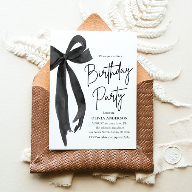 Invitation Elégante aquarelle Black Bow fête d'anniversaire (Watercolor Modern Elegant Coquette Black Bow Birthday Party Invitation)