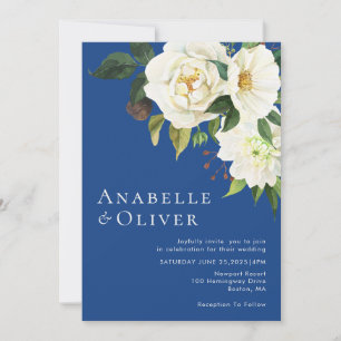 Invitation Elégante aquarelle blanc Floral bleu Mariage