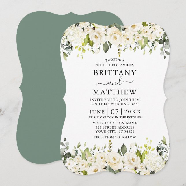 Invitation Elégante aquarelle blanche Mariage vert Sage (Devant / Derrière)