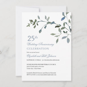 Invitation Elégante aquarelle Bleu 25e anniversaire Mariage