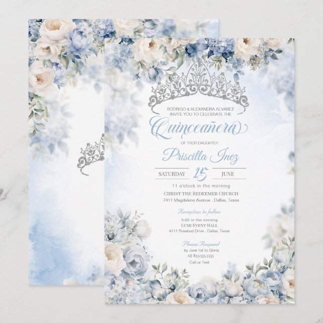 Invitation Elégante aquarelle bleu clair Floral Quinceañera (Devant / Derrière)