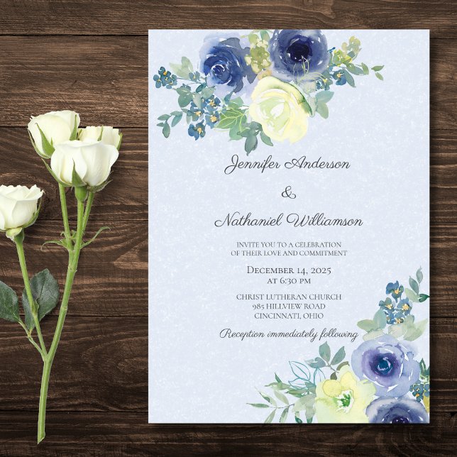 Invitation Elégante aquarelle bleu et ivoire Rose Mariage (Créateur téléchargé)