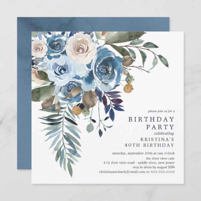 Invitation Elégante aquarelle bleu floral fête d'anniversaire (Devant / Derrière)
