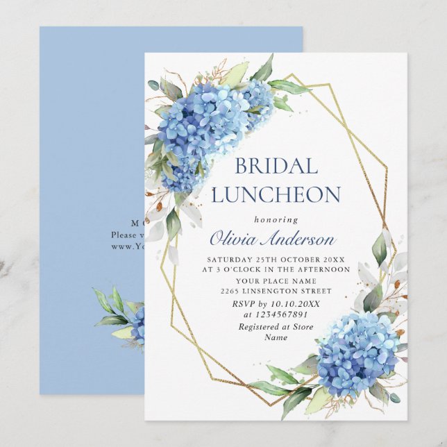 Invitation Elégante aquarelle bleu Hydrangea BRIDAL LUNCHEON (Devant / Derrière)