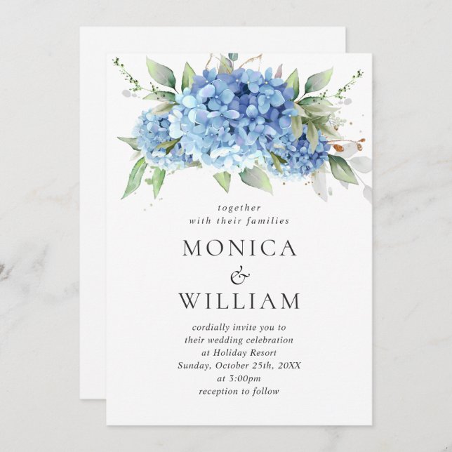 Invitation Elégante aquarelle bleu Hydrangea Mariage floral (Devant / Derrière)