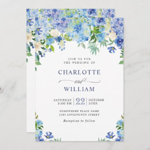 Invitation Elégante aquarelle bleu Hydrangea Mariage floral