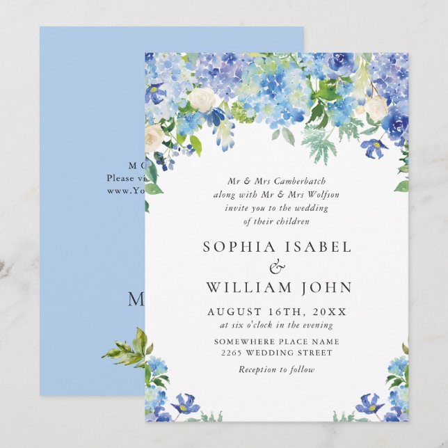 Invitation Elégante aquarelle bleu Hydrangea Mariage floral (Devant / Derrière)