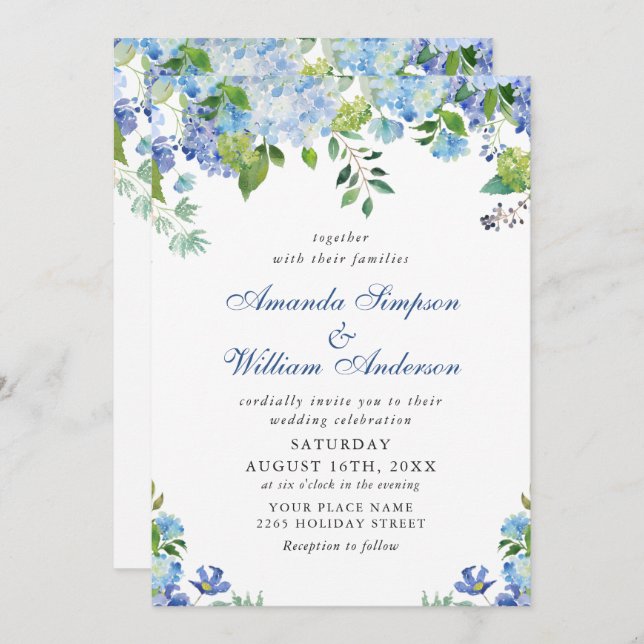 Invitation Elégante aquarelle bleu Hydrangea Mariage floral (Devant / Derrière)