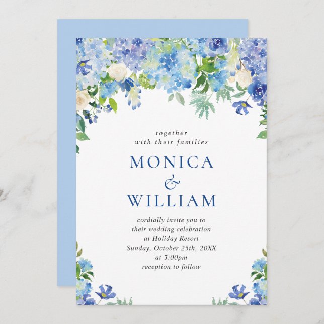 Invitation Elégante aquarelle bleu Hydrangea Mariage floral (Devant / Derrière)