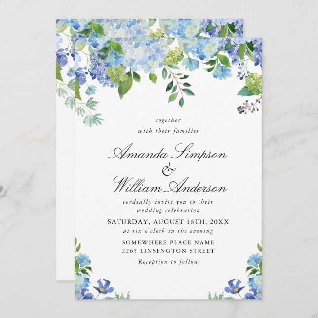 Invitation Elégante aquarelle bleu Hydrangea Mariage floral (Devant / Derrière)