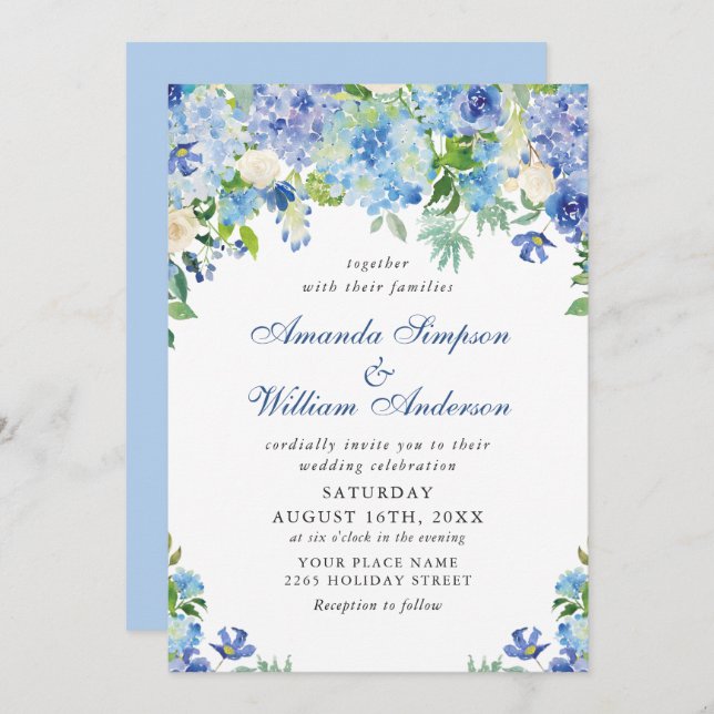 Invitation Elégante aquarelle bleu Hydrangea Mariage floral (Devant / Derrière)