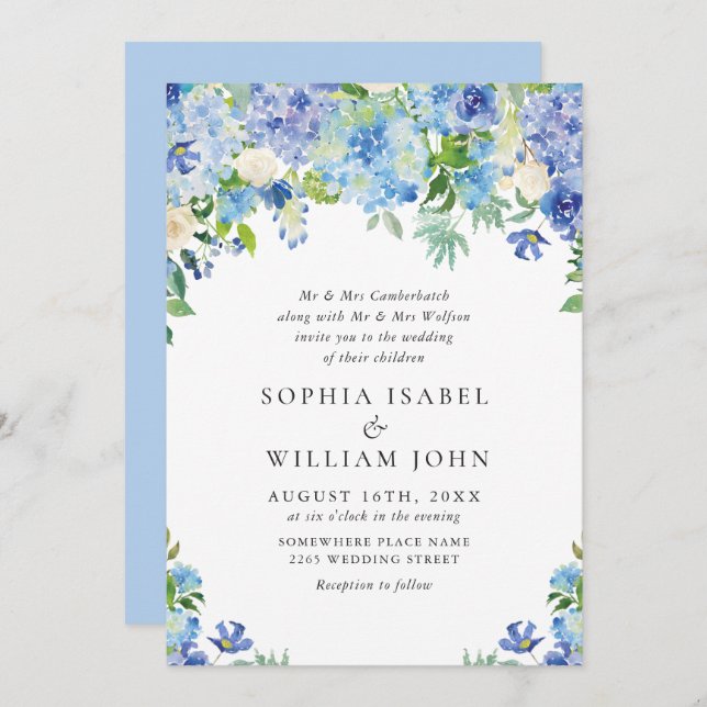 Invitation Elégante aquarelle bleu Hydrangea Mariage floral (Devant / Derrière)