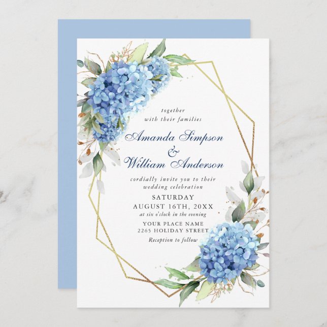 Invitation Elégante aquarelle bleu Hydrangea Mariage floral (Devant / Derrière)