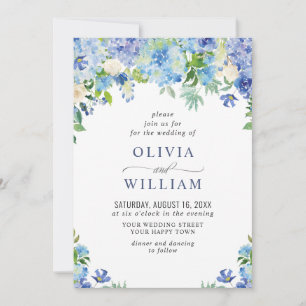 Invitation Elégante aquarelle bleu Hydrangea Mariage floral