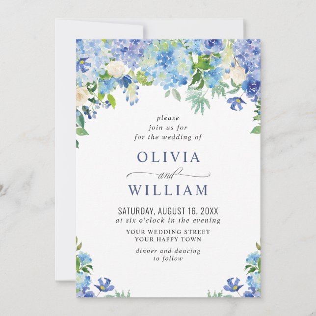Invitation Elégante aquarelle bleu Hydrangea Mariage floral (Devant)