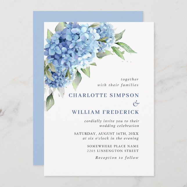 Invitation Elégante aquarelle bleu Hydrangea Mariage floral (Devant / Derrière)