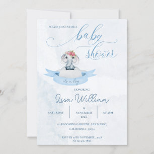 Invitation Elégante aquarelle Bleu mou Eléphant Baby shower