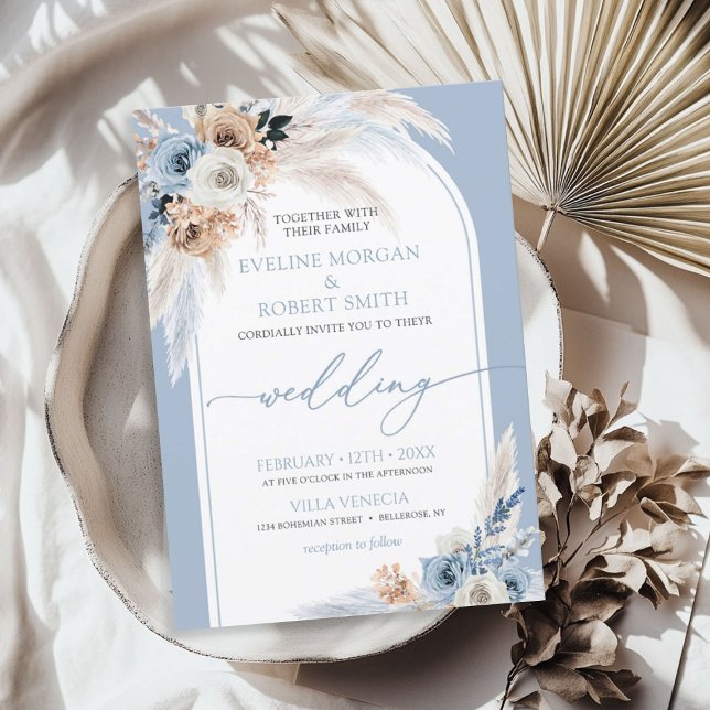 Invitation Elégante aquarelle bleu poussiéreux arche rose pam (Elegant watercolor dusty blue roses pampas arch invitation)