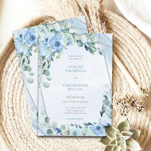 Invitation Elégante aquarelle bleu poussiéreux cadre floral a