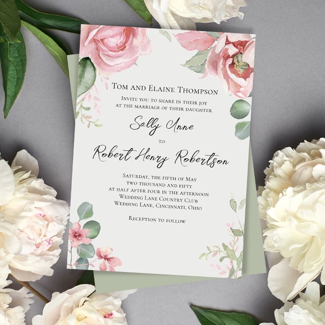 Invitation Elégante aquarelle bleu rose Mariage floral (Blush pink floral wedding invitations. )