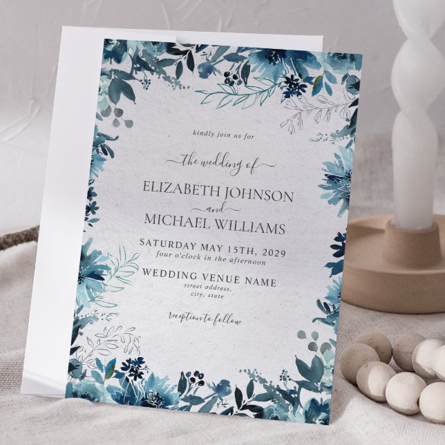 Invitation Elégante aquarelle Bleue Botanique Mariage d'hiver (Winter Wedding Invitation)