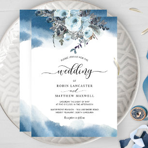 Invitation Elégante aquarelle bleue et Mariage bleu floral