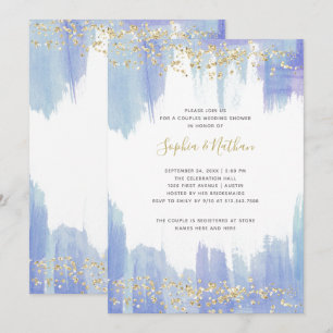 Invitation Elégante aquarelle bleue et or Douche Couples