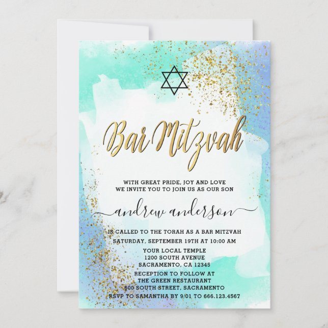 Invitation Elégante Aquarelle Bleue Et Or Mitzvah (Devant)