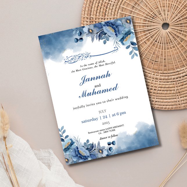 Invitation Elégante aquarelle bleue Floral musulman mariage (Créateur téléchargé)