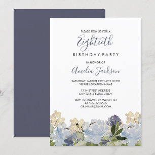 Invitation Elégante aquarelle bleue florale 80e anniversaire