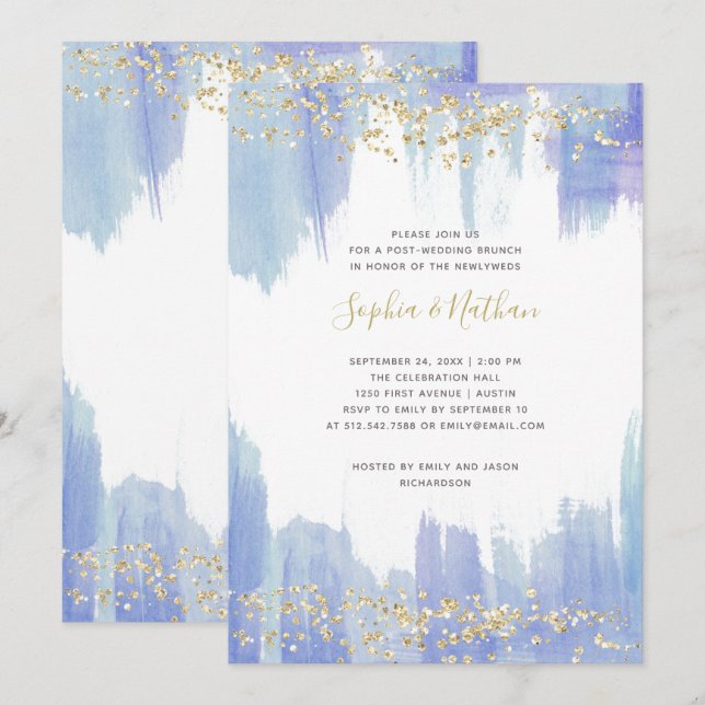 Invitation Elégante aquarelle bleue| Gold Post Mariage Brunch (Devant / Derrière)
