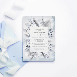 Invitation Elégante aquarelle bleue Hiver Floral Mariage