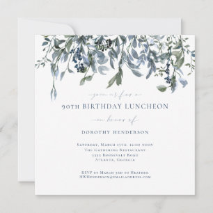 Invitation Elégante aquarelle Blue Floral Vines 90e anniversa