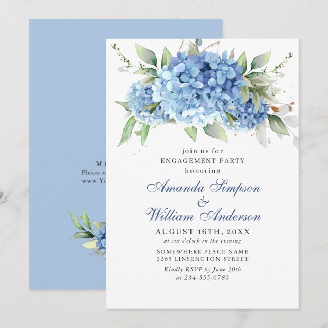 Invitation Elégante aquarelle Blue Hydrangea ENGAGEMENT PARTI (Devant / Derrière)