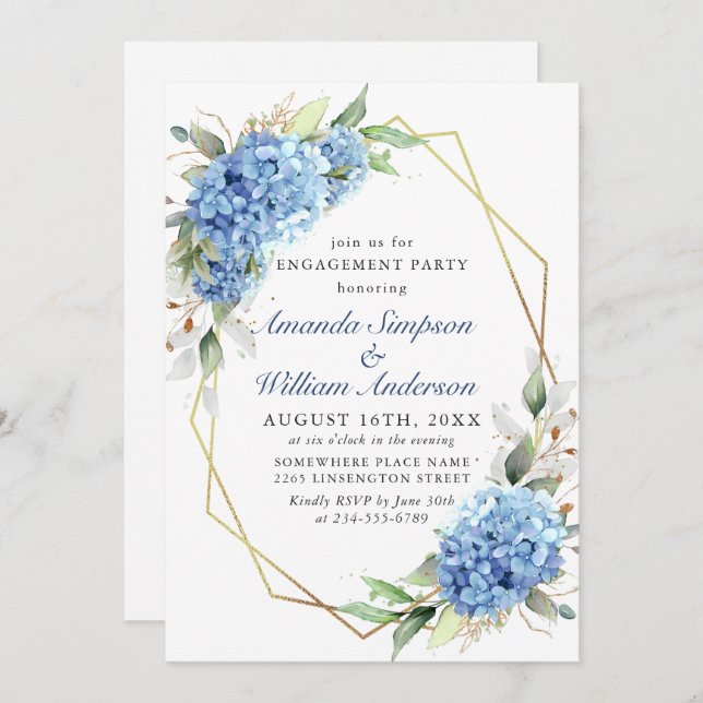 Invitation Elégante aquarelle Blue Hydrangea ENGAGEMENT PARTI (Devant / Derrière)
