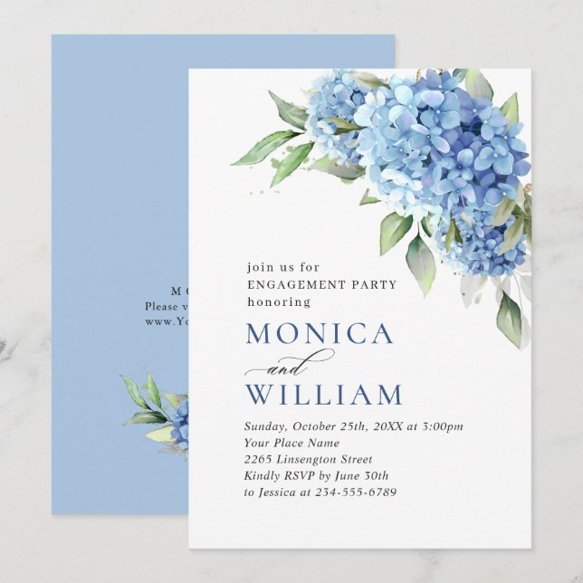 Invitation Elégante aquarelle Blue Hydrangea ENGAGEMENT PARTI (Devant / Derrière)