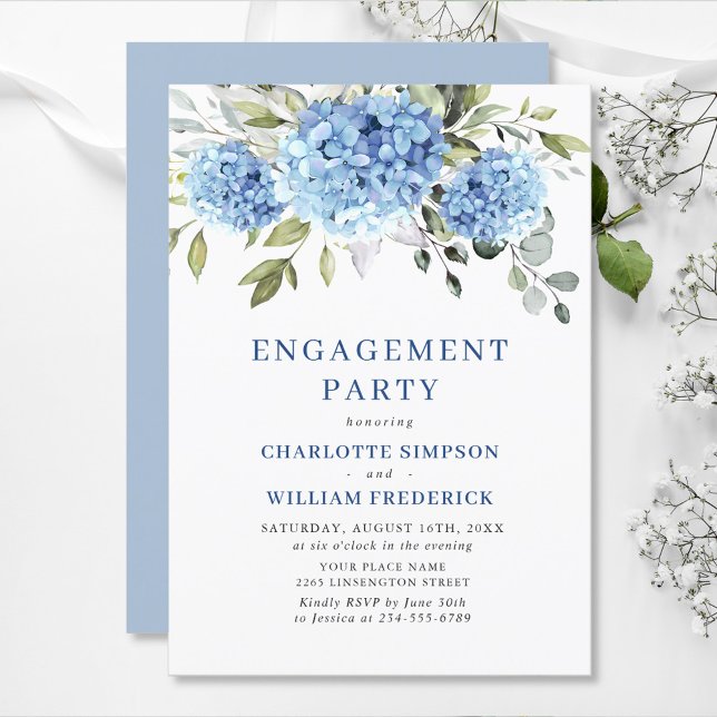 Invitation Elégante aquarelle Blue Hydrangea ENGAGEMENT PARTI (Créateur téléchargé)