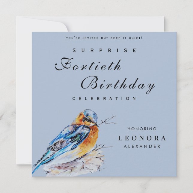 Invitation Elégante aquarelle Bluebird Surprise Anniversaire (Devant)