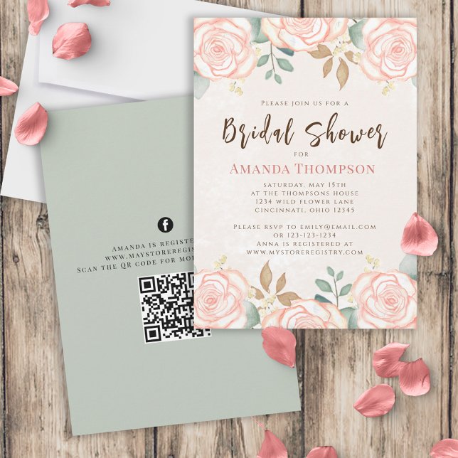 Invitation Elégante aquarelle Blush Floral Foliage QR Code (Créateur téléchargé)