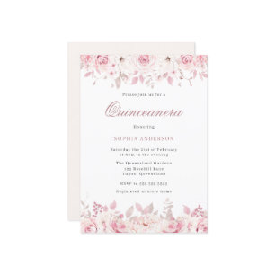 Invitation Elégante aquarelle Blush Floral Rose Quinceanera