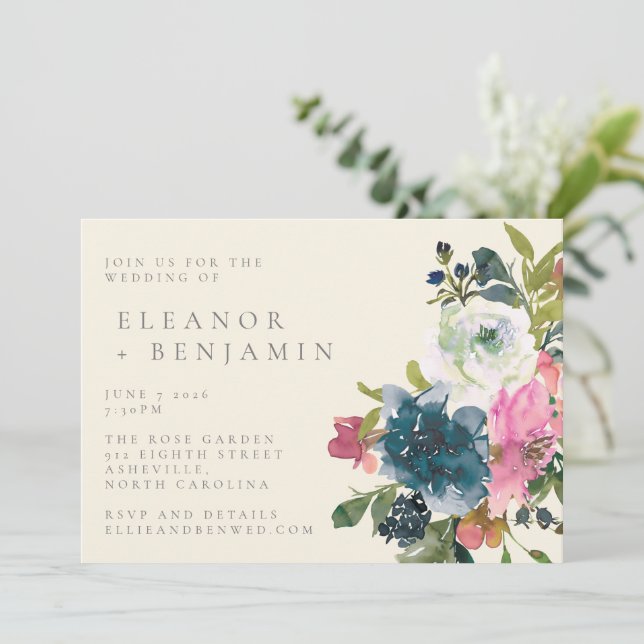 Invitation Elégante aquarelle Boho rose marine Mariage floral (Debout devant)