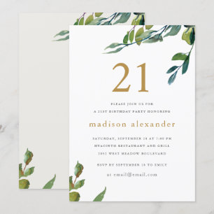 Invitation Elégante aquarelle Botanique 21e anniversaire