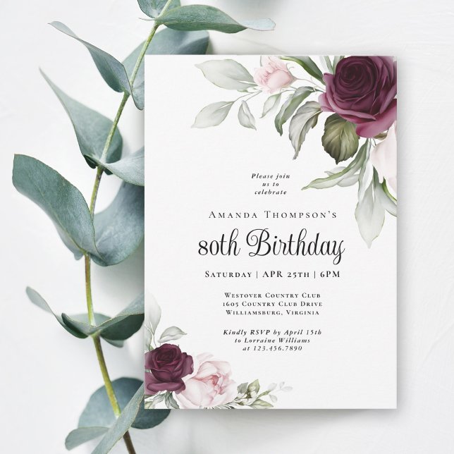 Invitation Elégante aquarelle Botanique 80e anniversaire Invi (Order this elegant birthday invitation as printed or digital download version. )