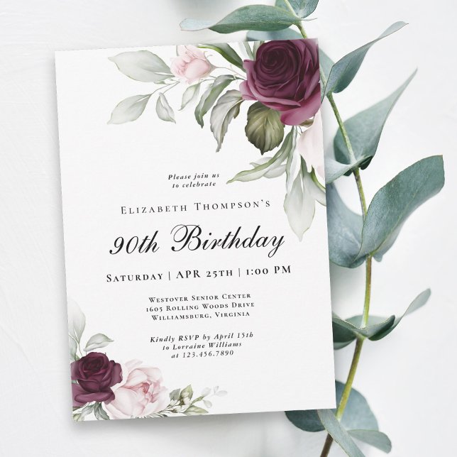 Invitation Elégante aquarelle Botanique 90e anniversaire (Celebrate 90 in beautiful style with this lovely watercolor floral invitation.)