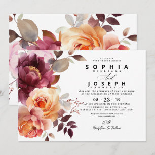 Invitation Elégante aquarelle Bouquet Bourgogne Mariage flora