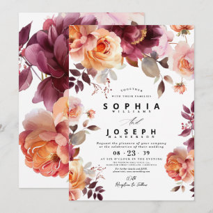 Invitation Elégante aquarelle Bouquet Bourgogne Mariage flora